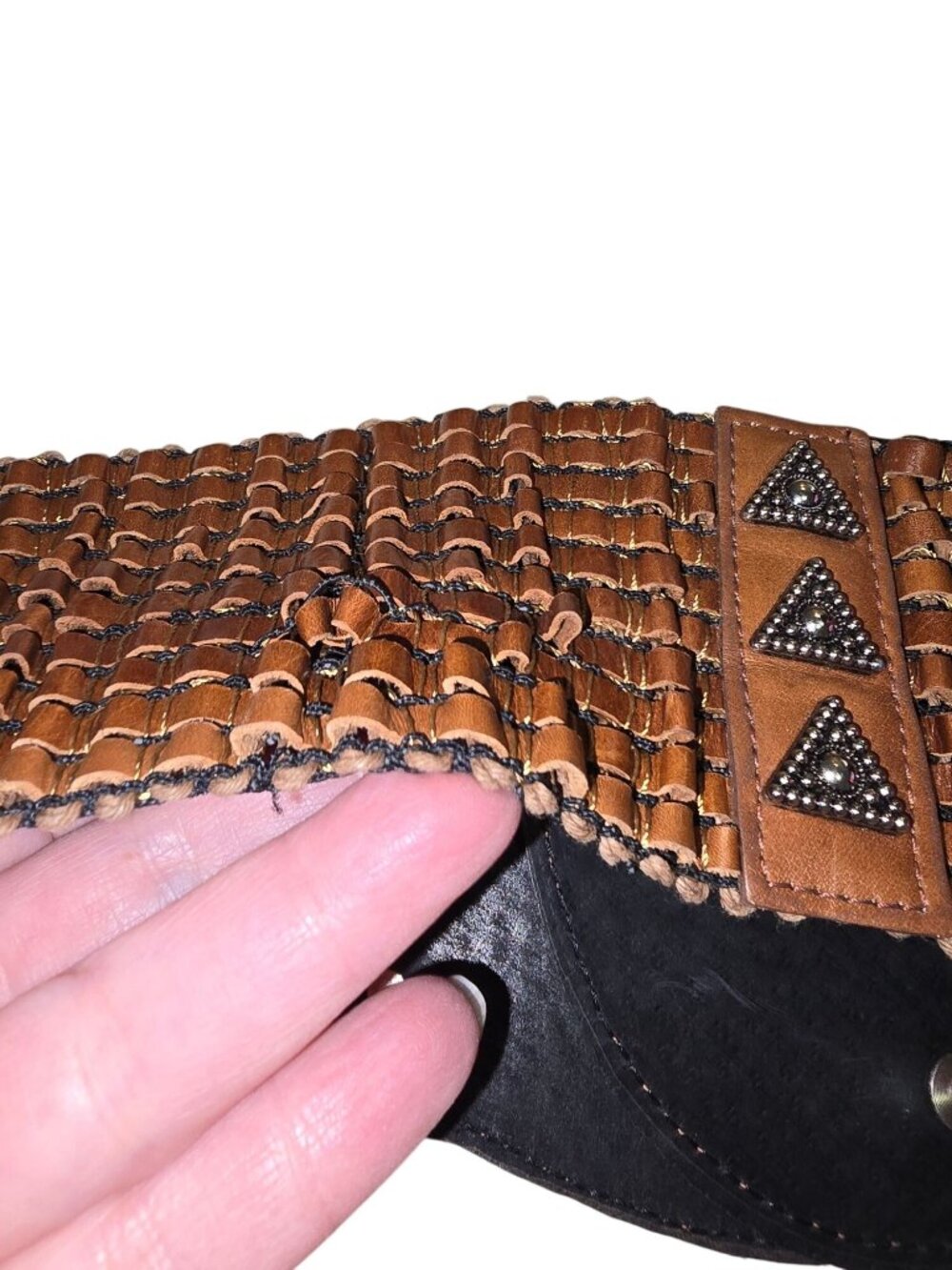 Woven Brown Faux Leather Wide Waist Belt Studded Snap Women Boho Fairy READ - Picture 6 of 8